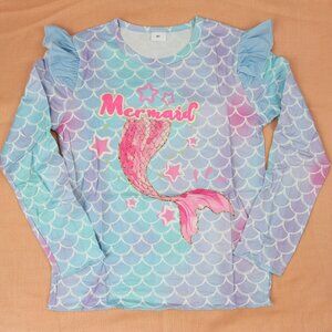 NEW Girls Mermaid Tail Fish Scales Long Sleeve Ruffle Stretch Tunic Top 8